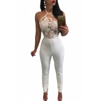 Sheer Lace Top Halter Party jumpsuit black white